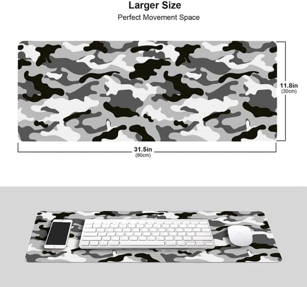 Svart, grå og hvit spillmusematte, stor, camo grå, lang, utvidet, skrivebordsmatte, kamuflasje, stor musematte for hjemmet