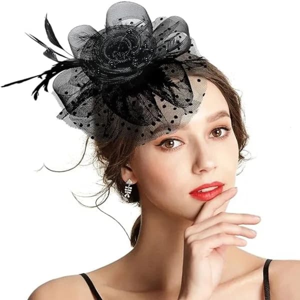 Fascinerende hatt for kvinner, tehatt for kvinner, for kirkebryllup, cocktail, svart