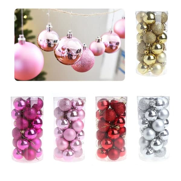 24-pack Glitter Julgranskulor Dekorationer för Julgran Fest Bröllop Rosa