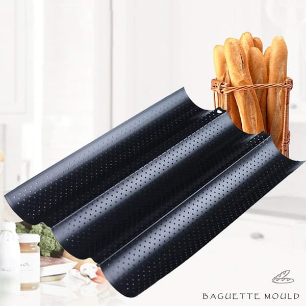 Bakeplate mold for 3 baguettes, black French bread mold