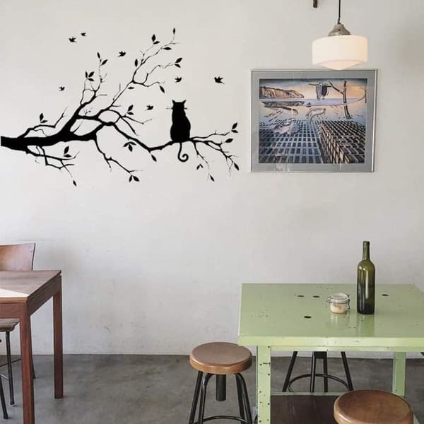 Black Tree Branches Wall Stickers Nursery Leaves, DIY Removable Vinyl Wall Art Decal Mural Home Decor (Cat)
