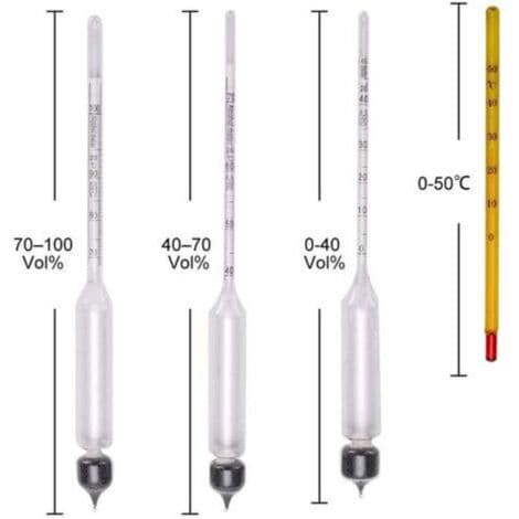 3-piece alcoholmeter set with thermometer. Alcohol content: 0-40%, 40-70%, 70-100% vol. Hydrometer for spirits, distillates, whiskey, cognac