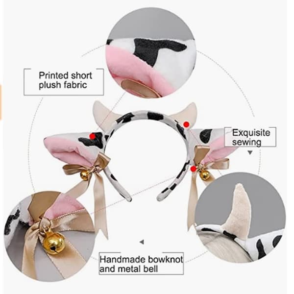Cow Headband with Ears and Horns, Bow, Bells, and Elastic Hairband