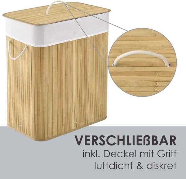 Juskys Bamboo Laundry Holder in 2 Sizes - Laundry Basket with Lid and Handles