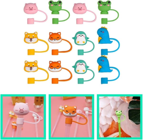 12 Pieces Silicone Straw Tip Covers Animal Shaped Straw Protector Caps