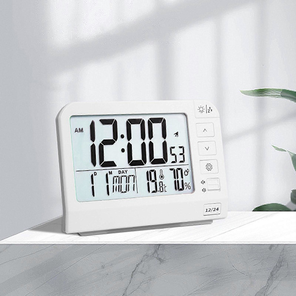 Large Digital Alarm Clock with LCD Screen, Backlight, Temperature, Battery Powered for Students and Professionals, White White