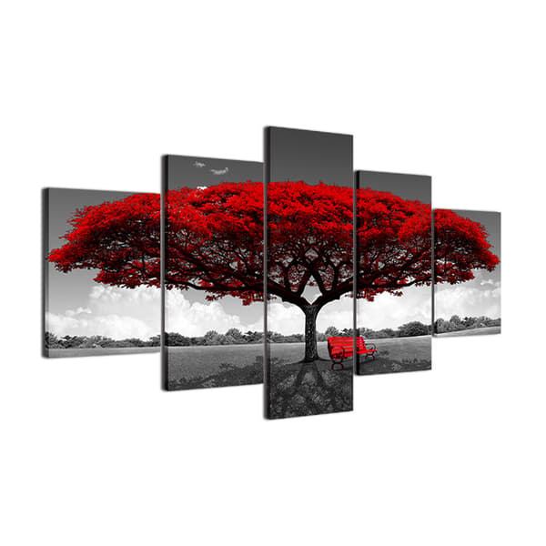 5 delar konstväggmålning, rött träd, non-woven canvas, vardagsrumsdekoration konstdekor