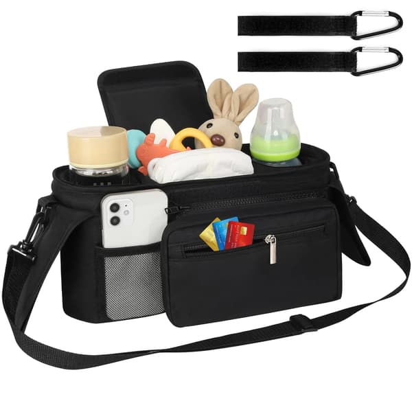 Universal Stroller Organizer with Insulated Cup Holders and Detachable Phone Pouch for Strollers Black