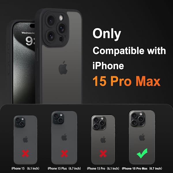iPhone 15 Pro Max Case with Full Camera Protection and Anti-Fingerprint Matte Back 6.7 inch - Black