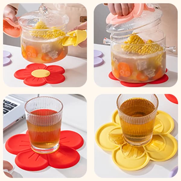 3X Coasters, Cherry Blossom Isolasjonsputer, Tofarget Blomst Silikon Gryteunderlag