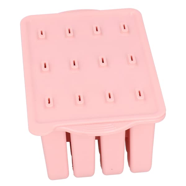 12-hulls silikonform for is med lokk og 50 pinner, rosa