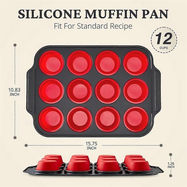 Silikonmuffinsform med metallram, silikonäggformar för bakning, muffinsformar 12 normalstorlek röd