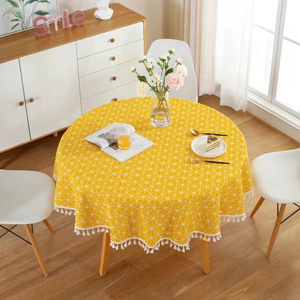 120 cm Tassel Tablecloth, Round Polyester Cotton Tablecloth, for Dining Table, Coffee Table, Garden Table (Yellow)