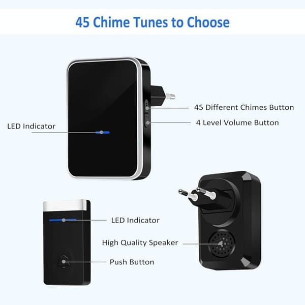 [No Batteries Required] Wireless Doorbell, Waterproof Electronic Chime with 2 Plug-in Receivers, 150m Range, 45m[DB]