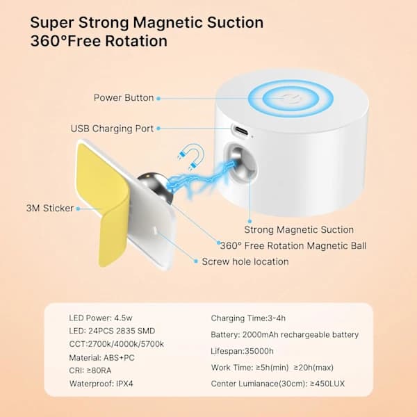 USB Genopladelig Væglampe - 3 Farvers Dæmpbar LED & 360° Rotation Touch Kontrol [JUN]