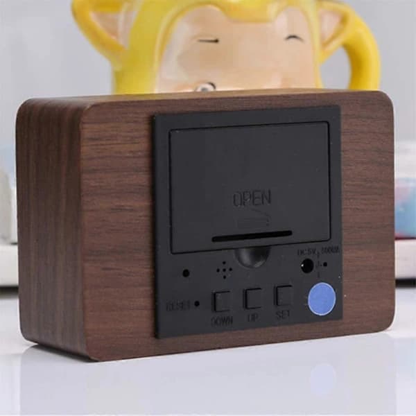 Digital LED Wooden Alarm Clock, Small Standing Clock with Date and Temperature Display