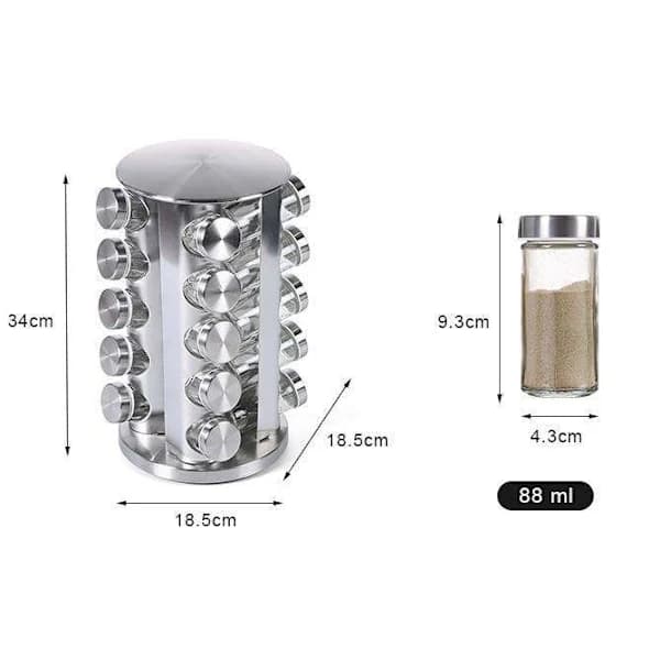 Rotating Spice Rack with 20 Glass Jars, Stainless Steel Organizer with Labels, for Kitchen Countertop, Silver Transparent Transparent