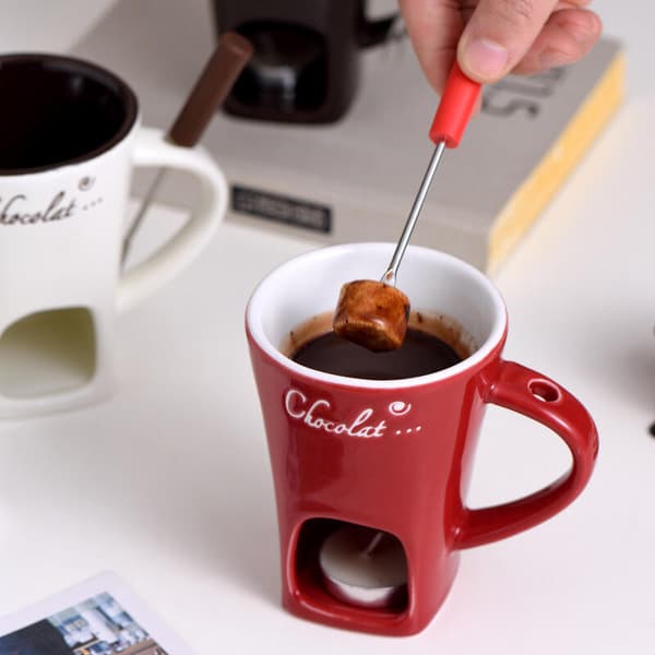 Chocolate Fondue Mug with Fork - Melting Cup for Chocolate, Coffee & Candy (No Candle) Red