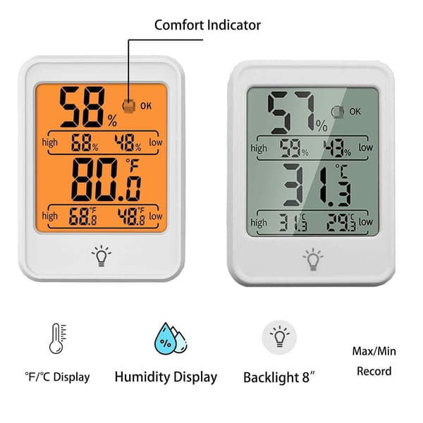 Digitalt termometer hygrometer, indendørs fugtighedsmåler med baggrundsbelysning, hvid