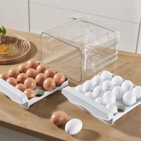 32 Grids Egg Holder, Household Refrigerator Egg Storage Box, 2-Layer Transparent Chicken Storage Container (White)