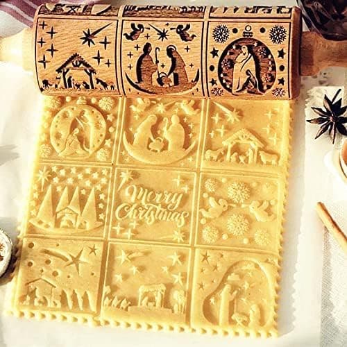 Christmas Patterned Rolling Pin, Embossed Rolling Pin with Pattern, Textured Wooden Rolling Pin, Christmas Decoration, Baking Equipment