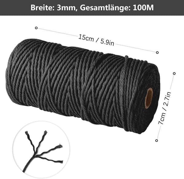 Makramérep - 3 mm x 100 m - Naturligt bomullsgarn för väggbonader