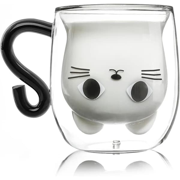 Kaffekop Kattekrus, Dobbeltvægget Glas, Original Julegave til Kvinde Pige Kone Mor Elskerinde Barnepige