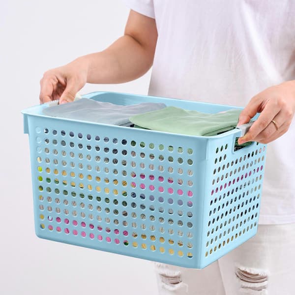 Plastic Laundry Basket - Silver Handle, Foldable, Space-Saving, Toy Storage (FMY) Blue Blue