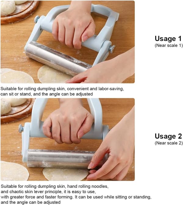 Kjevle med tykkelsesringer, kjevle i rustfritt stål med håndtak, kjevle til baking, justerbar kjevle