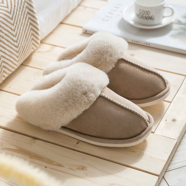 Memory Foam Dametøfler, Fluffy (Tan, Stor) Bløde Varme Skridsikre