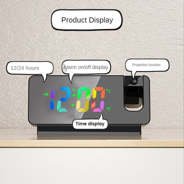 LED Digital Projection Alarm Clock 180° Rotation Mute Electronic Clock Ceiling Projector Alarm Clock for Bedroom White