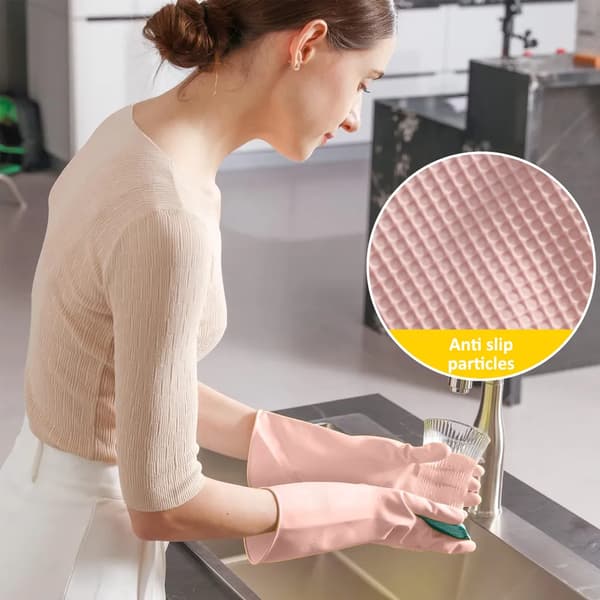Rubber Cleaning Gloves Kitchen Dishwashing Gloves, Waterproof Reusable, (Sakura Pink)