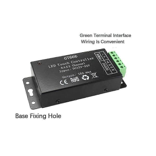 GT666 RGB LED LED Strip Controller Trådlös RF Touch Fjärrkontroll DC 12V 24V 18A 3 Kanaler Ljus Tejp Dimmer Switch