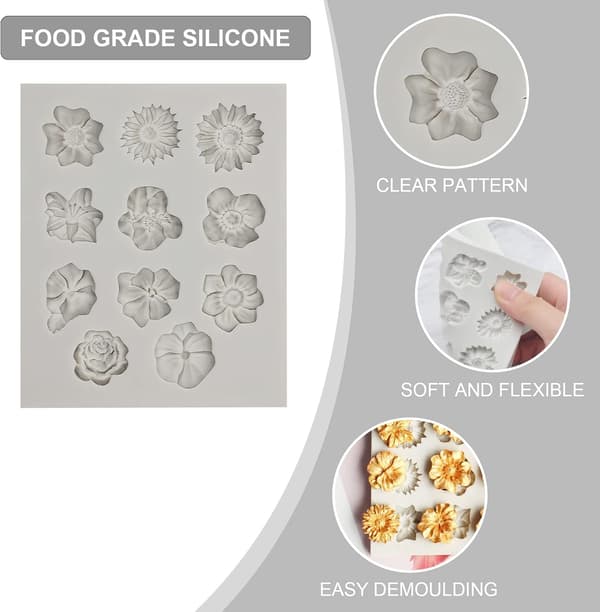 Silikoneform, blomster, kageform, 3D silikone roseform, isterningform, genanvendelig bageform, silikone, 11 fondant, silikoneforme, blomster, mini