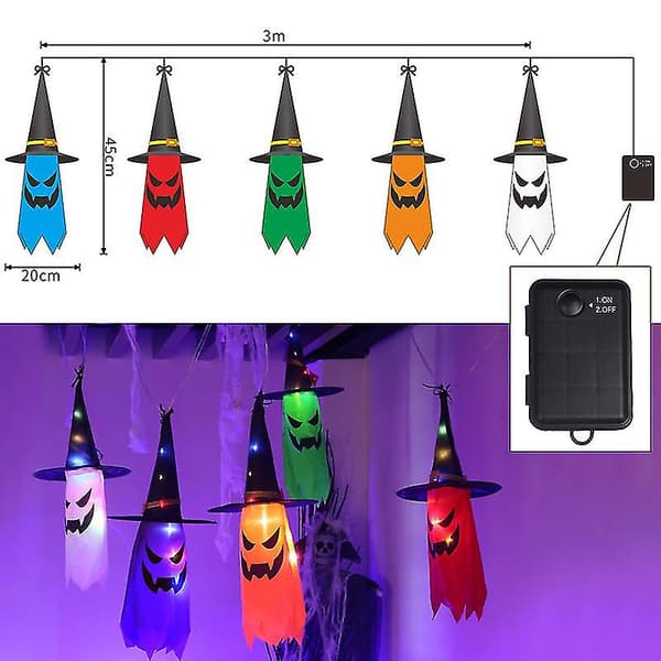 Halloween Ghost Lights Decorations Outdoor, Halloween Light-Up 5 Pcs Hanging Witch Hats Ghosts Decor, Spooky Halloween Battery Operated String Led Lights