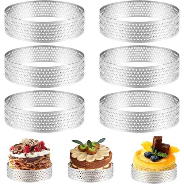 6-delt kageringesæt i rustfrit stål, perforerede bageforme til desserter og kager, sølv 8 cm