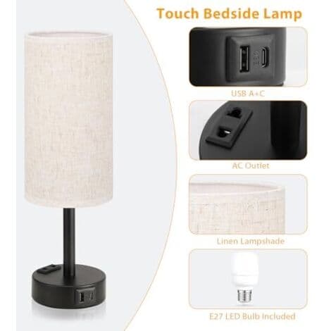 Dimmable Touch Bedside Lamp, Table Lamp with USB A+C+ Charging Port, Linen Shade, Lamp for Bedside Table, Living Room, Bedroom,