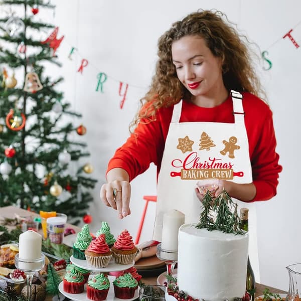 Sjove julebageforklæder til kvinder mænd justerbare køkkenforklæder med 2 lommer sød Thanksgiving juleforklædegave til bagere white