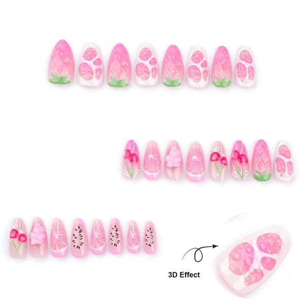 False Nails Almond Medium Glossy 3D Cherry Blossom Design Acrylic False Nails for Women Pink 24 PCS 29 29