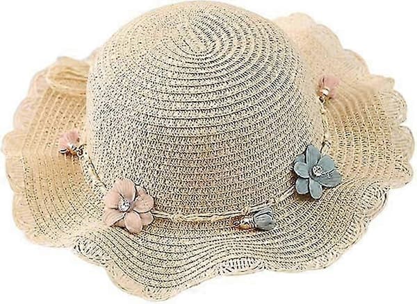 Sommerhatte til piger, piger Solhatte Sommer Strandhat Blomst Stråhat Solbeskyttelseshat til Børn Ferie Udendørs Beige