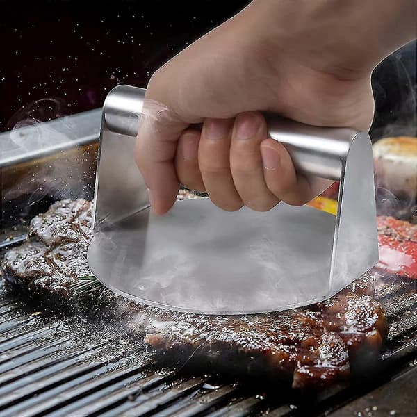 Burgerpresse i rustfrit stål, 5,5 tommer, rund burgerknuser, non-stick bacon- og grillpresse til bøffer