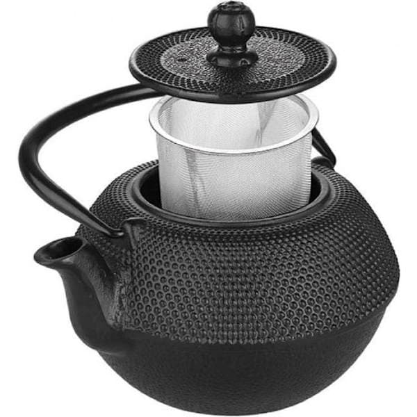 Black Cast Iron Teapot, 1.2 Liters, Enamelled Interior, Induction Compatible, Black