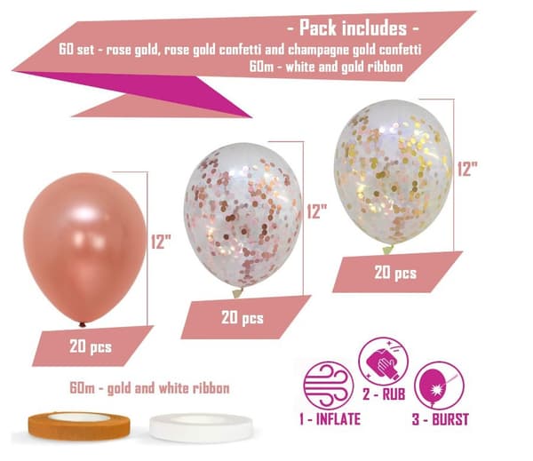 60-pack ruusukultaiset ilmapallot + konfetti-ilmapallot nauhalla | 60