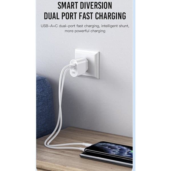 Dobbeltport Hurtig USB-C Oplader til iPhone 11/12/13/14,15, Samsung Hvid