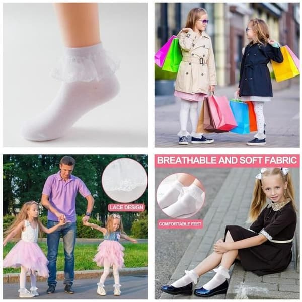 Børnestrømper, 4 par prinsesse-flæsestrømper, blondestrømper til baby piger, til bryllup, dåb, fotografering, fester
