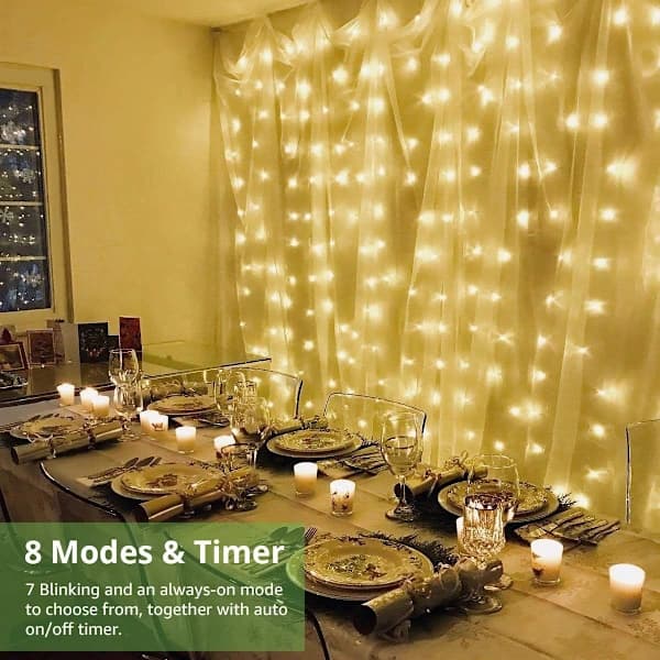LE String Light Curtain Battery or USB, 3 x 3 m String Light with Remote Control, 300 LED Indoor Outdoor Decorative Christmas Lighting