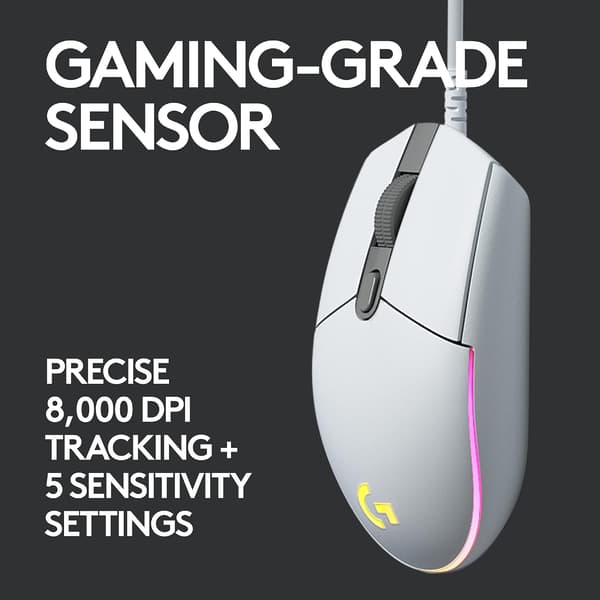 Spelmus med RGB-belysning, 6 programmerbara knappar, sensor i spelklass, 6K DPI-spårning, lätt vit white