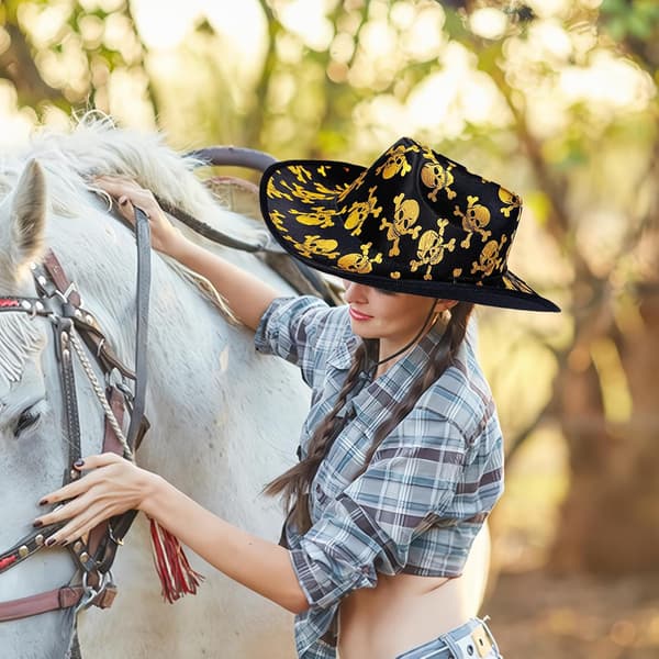 western hat skull-western hat with wider brim and chin strap -