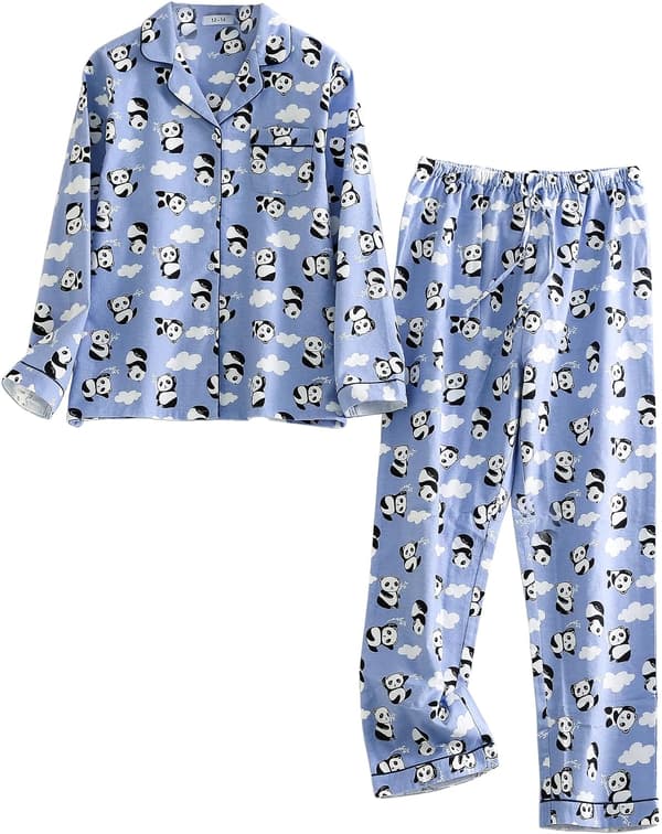 Damflanellpyjamas set borstad bomull knappar toppar byxor S-XL sovkläder mysiga varma vinter blå panda stor Blue Panda Large
