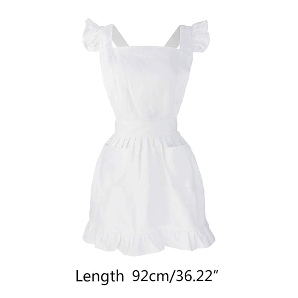 Victorian Cotton Maid Apron with Ruffle and Pockets, Adjustable Crisscross Back for Cosplay, Kitchen Baking, White